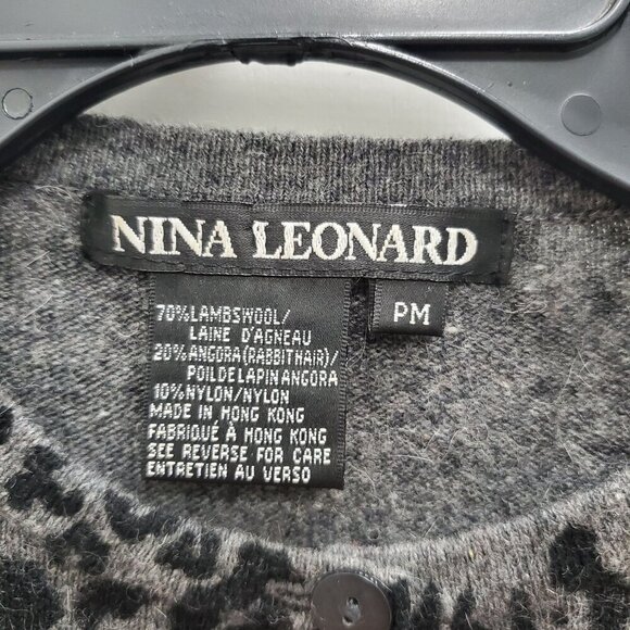 Nina Leonard Petite Women's Gray Black Animal Print Lambswool Angora Cardigan PM - Picture 4 of 5